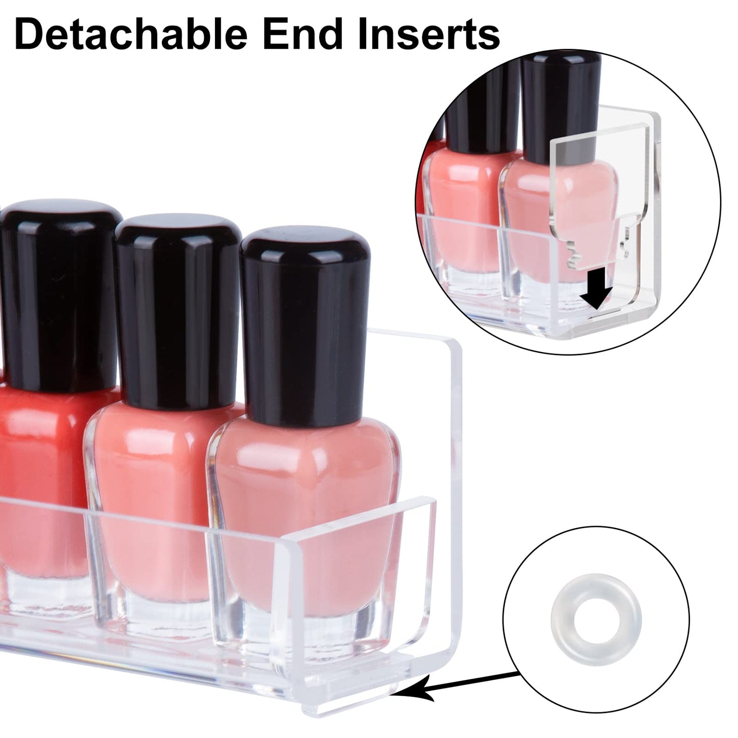 AMEITECH 6 Pack Acrylic Nail Polish Rack, Clear Wall Mounted Shelf Holder 90 Bottles, Nail Polish Organizer and Storage with Anti-Slip End Inserts, 15 Inch