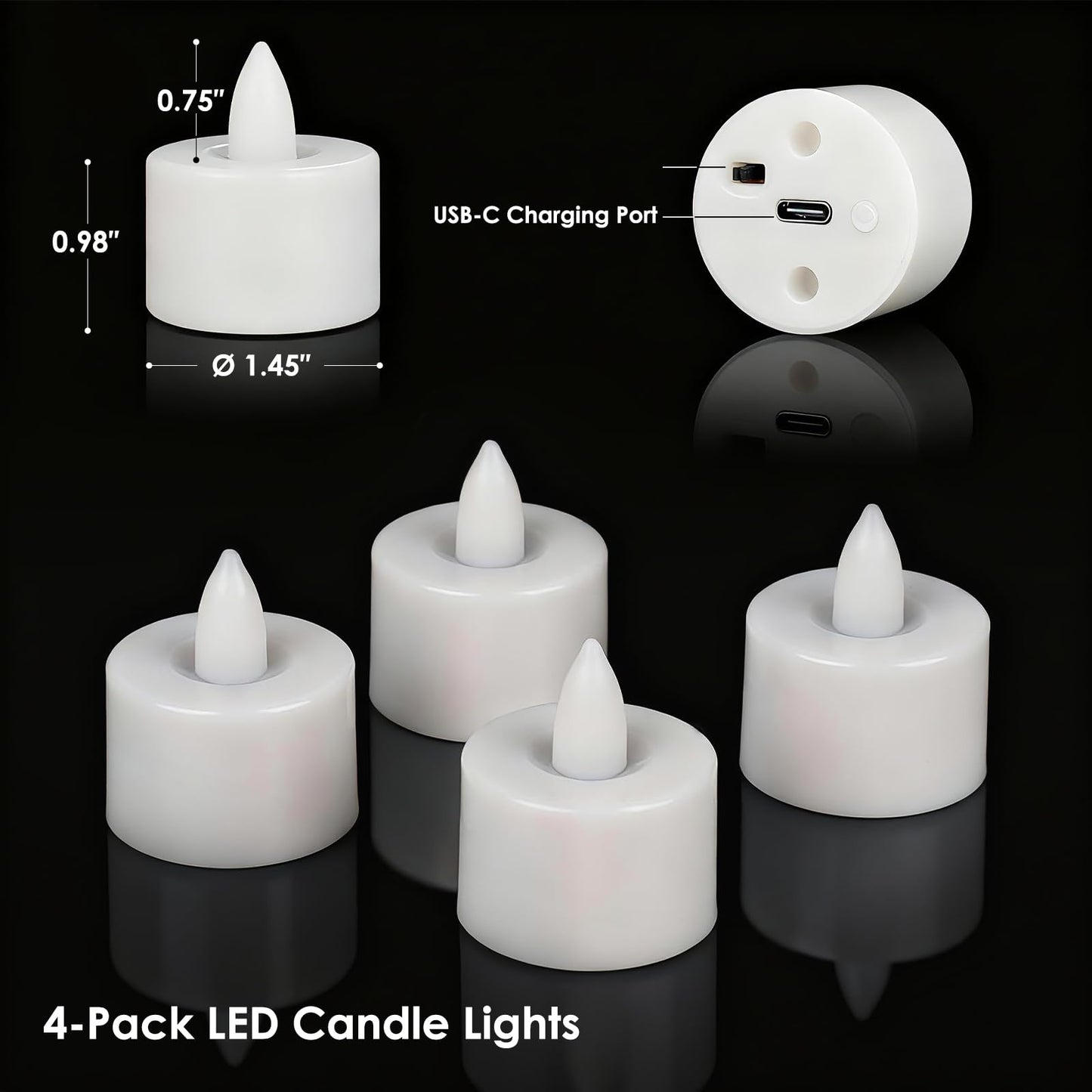 Ropelux 4 Rechargeable Tea Lights with Charging Base,Realistic Flickering Dimmable LED Candles with Remote Control Timer in Warm Yellow for Christmas,Weddings, Parties, Festivals (with Cable, 4)