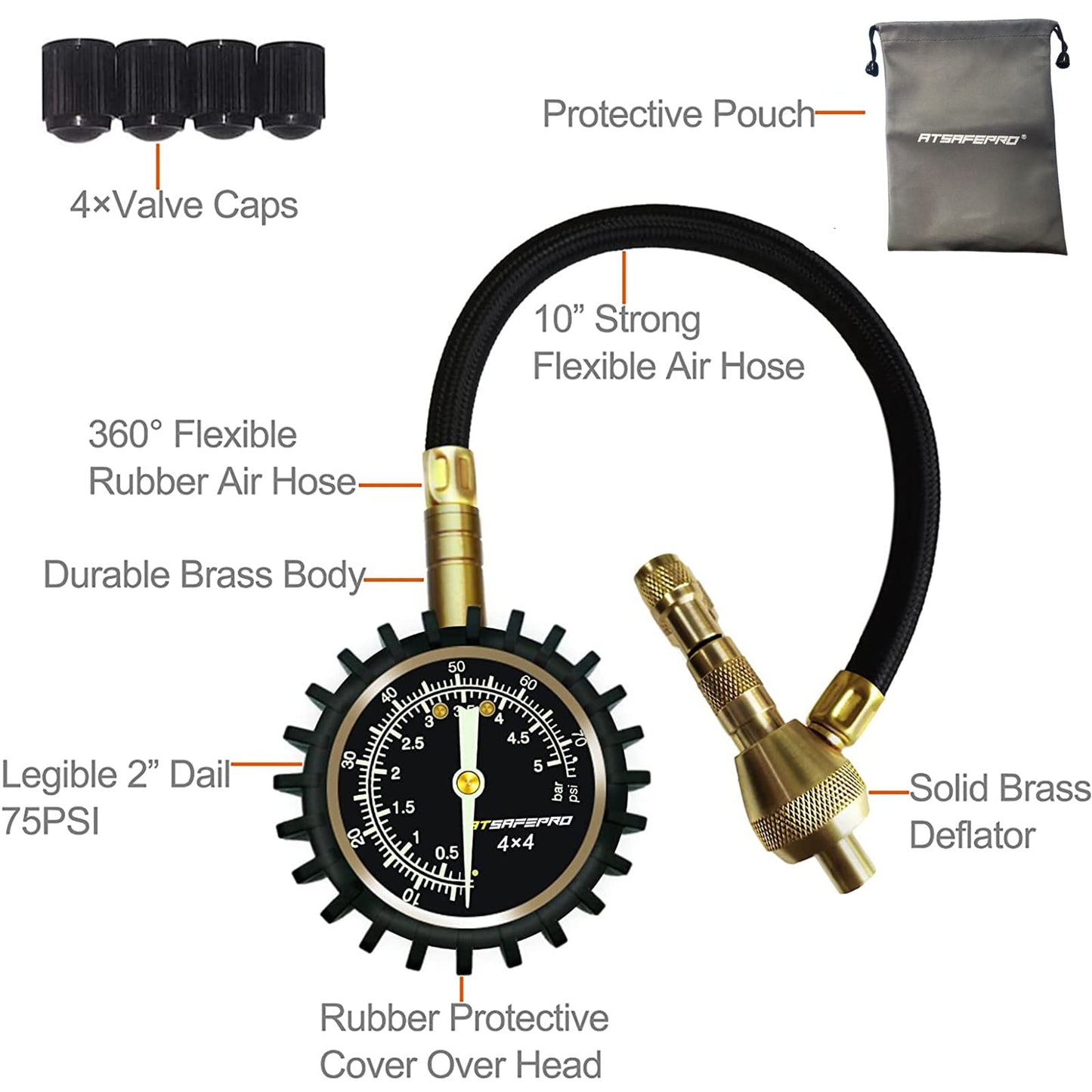 ATsafepro Tire Deflator Gauge, Tire Pressure Gauge with Special Chuck for 4X4 Large Offroad Tires, 2 in1 Professional Tire Deflator Gauge 75PSI