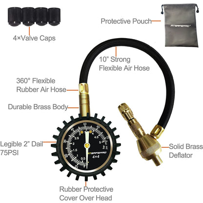 ATsafepro Tire Deflator Gauge, Tire Pressure Gauge with Special Chuck for 4X4 Large Offroad Tires, 2 in1 Professional Tire Deflator Gauge 75PSI