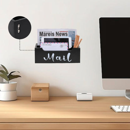 ZBBCTUS Mail Organizer Wall Mounted with 2 Slots & Removable Grids, Black Mail Sorter Basket, Wood Desk Mail Holder Countertop Hanging for Home Office Decor