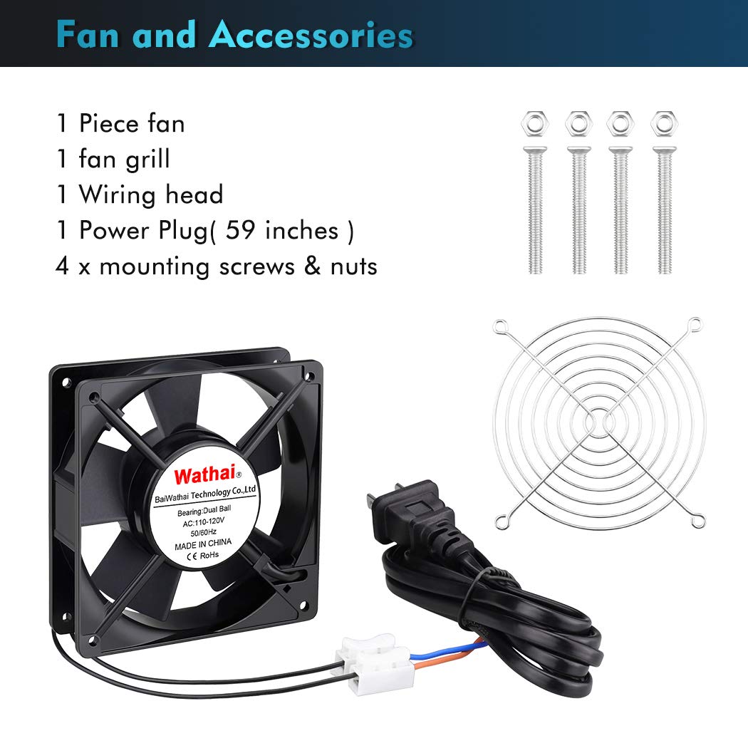 Wathai 120mm x 25mm AC Power Muffin Axial Fan 110V/120V Dual Ball for DIY Cooling, Ventilation, Exhaust Projects (5 Inch, 65 CFM, 2400 RPM, 15W, 37/40 dBA)