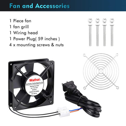 Wathai 120mm x 25mm AC Power Muffin Axial Fan 110V/120V Dual Ball for DIY Cooling, Ventilation, Exhaust Projects (5 Inch, 65 CFM, 2400 RPM, 15W, 37/40 dBA)