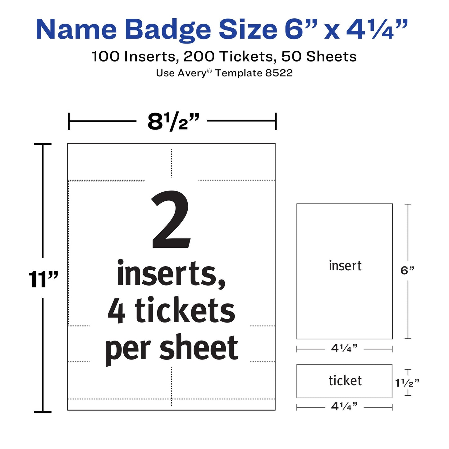Avery Insert Refills and Blank Tickets for Vertical Name Badges, 6" x 4.25", 100 Name Tag Inserts and 200 Blank Tickets (8522)