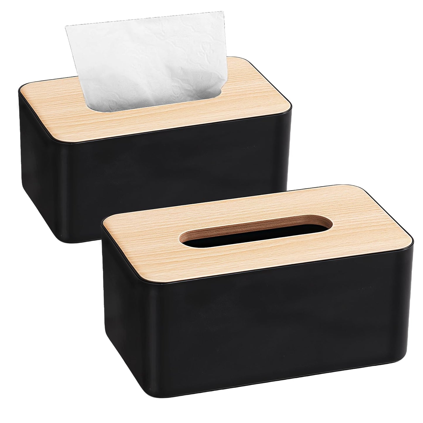 Bamboo Tissue Box Cover - 2 Pack Versatile Tissue Box Holder for Bathroom,Home,Office & Car - Space-Saving Design for Any Surface, Black
