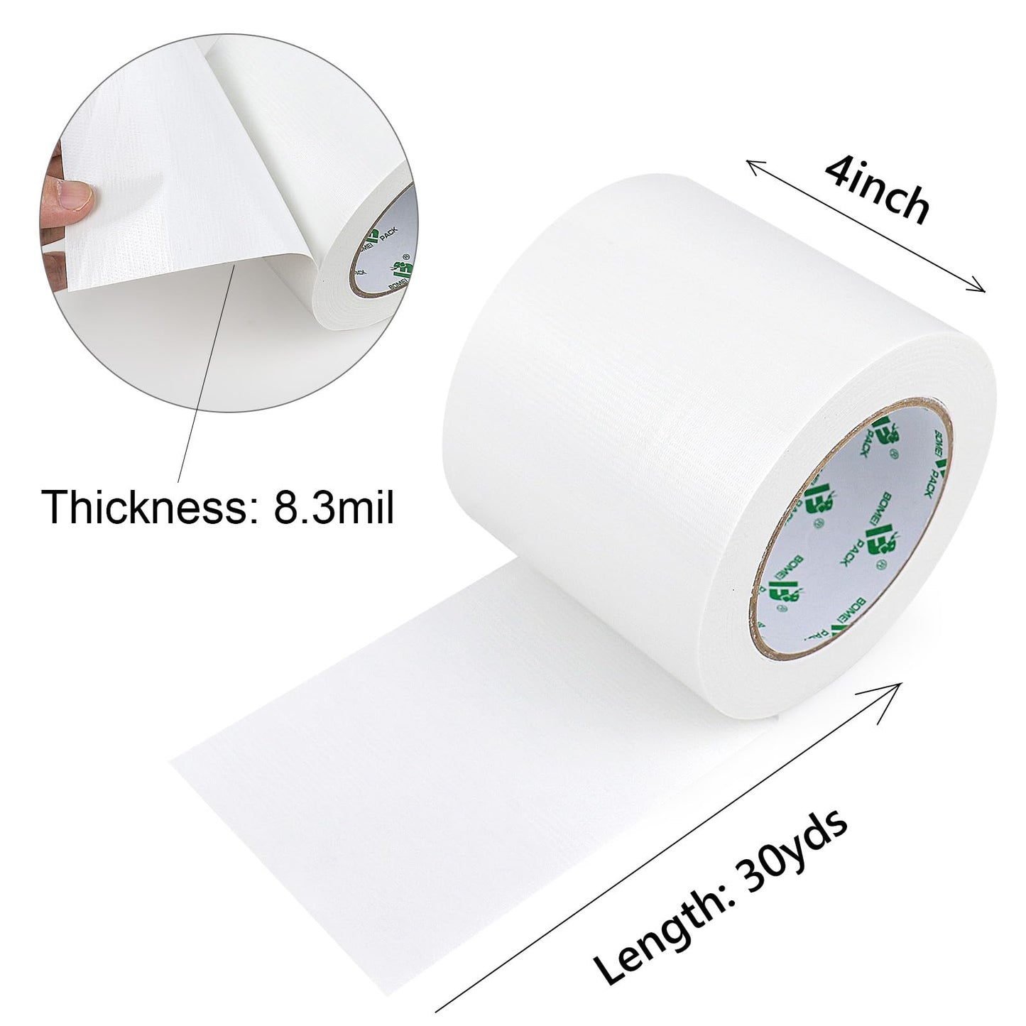 BOMEI PACK Wide Duct Tape White 4Inch, Strong Tape Gris Residue Free for Crafts and Repair, 1Roll 8.3Mil x 30yds