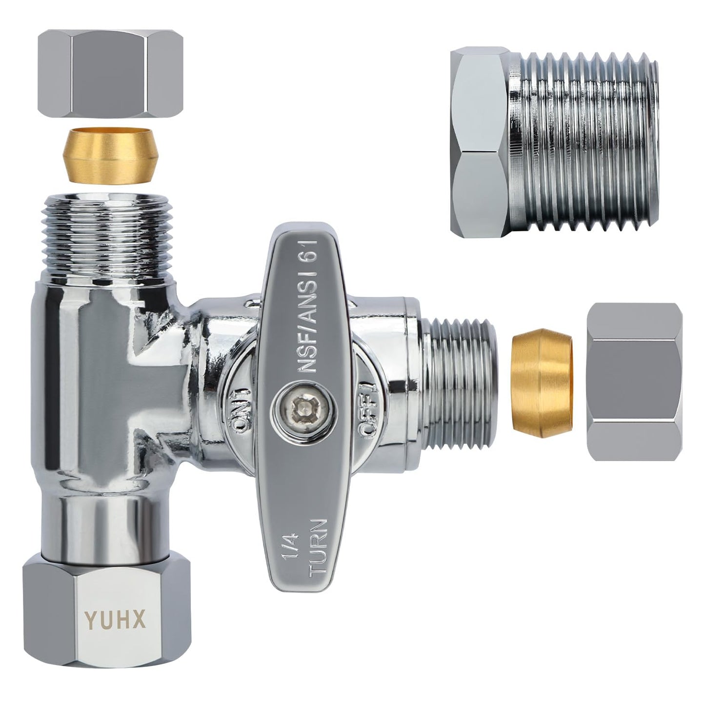 YUHX Brass Angle Stop Add-A-Tee Valve for TOTO Washlet Bidet and Handheld Sprayer, 3/8 Compression Connector 3 Way Diverter 3/8" x3/8" x3/8" or 1/2" Toilet T Adapter