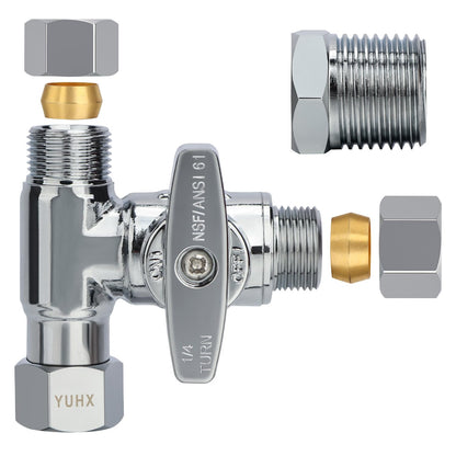 YUHX Brass Angle Stop Add-A-Tee Valve for TOTO Washlet Bidet and Handheld Sprayer, 3/8 Compression Connector 3 Way Diverter 3/8" x3/8" x3/8" or 1/2" Toilet T Adapter
