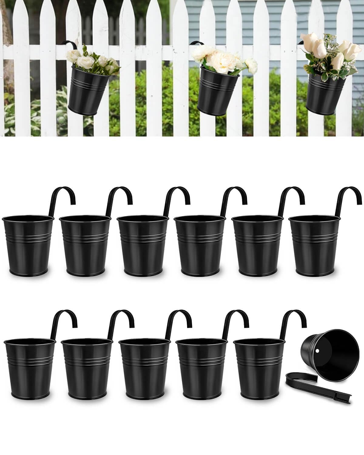 10 CM Small Metal Hanging Flower Pot Indoor - 12 Pcs Round Metal Iron Buckets with Detachable Hooks and Drainage Holes Hanging Herb Planter for Railing Fence Outdoor Balcony Garden Patio Decor, Black