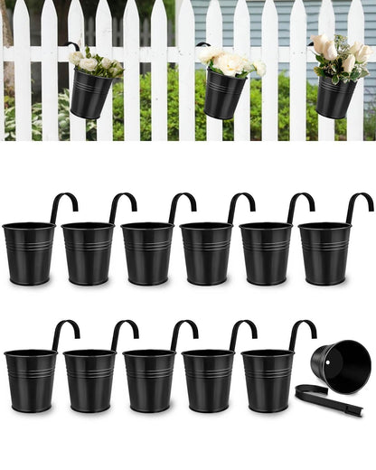 10 CM Small Metal Hanging Flower Pot Indoor - 12 Pcs Round Metal Iron Buckets with Detachable Hooks and Drainage Holes Hanging Herb Planter for Railing Fence Outdoor Balcony Garden Patio Decor, Black