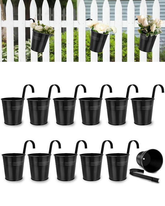 10 CM Small Metal Hanging Flower Pot Indoor - 12 Pcs Round Metal Iron Buckets with Detachable Hooks and Drainage Holes Hanging Herb Planter for Railing Fence Outdoor Balcony Garden Patio Decor, Black