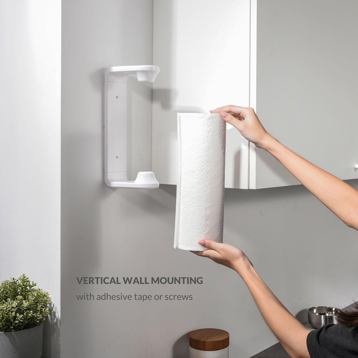 simpletome Paper Towel Holder Under Cabinet or Wall Mount ONE Hand Operation Tension Arm Kitchen Roll Holder (White, for 24-28cm/9.4-11inches roll)