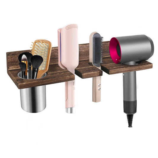 Wooden Hair Tool Organizer, Wall Mounted Styling Tools Organizer for Bathroom, Rustic Blow Dryer Holder for Flat Iron, Curling Wand, Straighteners (Rustic Brown)