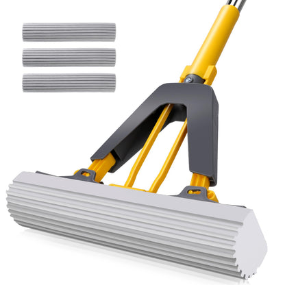 Sponge Mops, Self Wringing Mop with 3pcs Absorbent Sponge Head, Hand Wash Free Mop with 50" Long Handle, for Hardwood Laminate Tile Marble Floor Cleaning