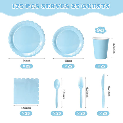 Vyntra 175 PCS Disposable Paper Plates & Napkins Set, Light Blue Party Dinnerware – Baby Shower, Birthday, Gender Reveal
