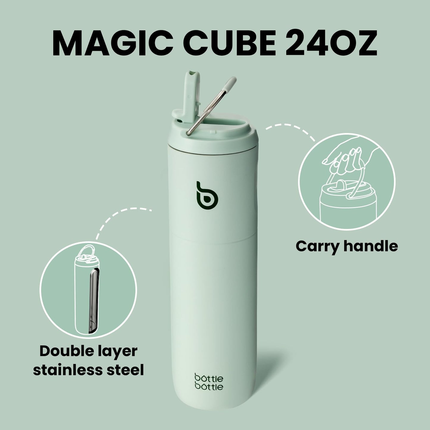 Bottle Bottle Insulated Water Bottle 24oz with Straw Lid and Handle for Sports Travel Gym Stainless Steel Water Bottles Double-Wall Vacuum Metal Bottles Leak Proof BPA-Free (Light Green)