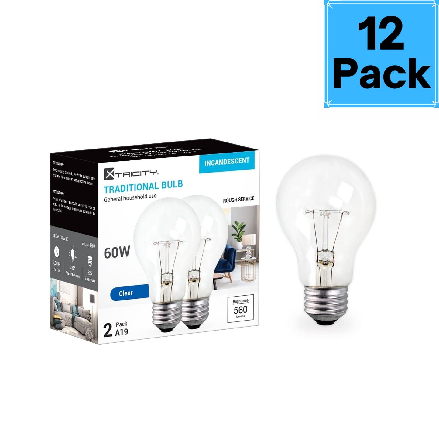 Xtricity A19 Clear Incandescent Rough Service Light Bulb, 60 Watt, 2700K Soft White, E26 Medium Base, 560 Lumens, 130V,12 Count (Pack of 1)