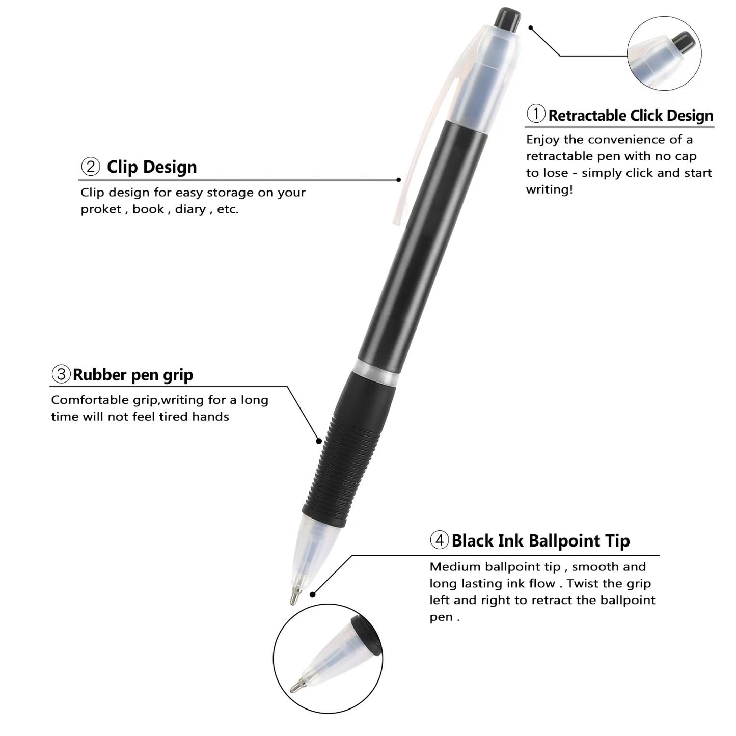 Aozora Retractable Pens Ballpoint Super Smooth Writing Pens Bulk 100 pack Medium Point 1.0mm No Bleed Click Pens with Soft Grip Black Ink