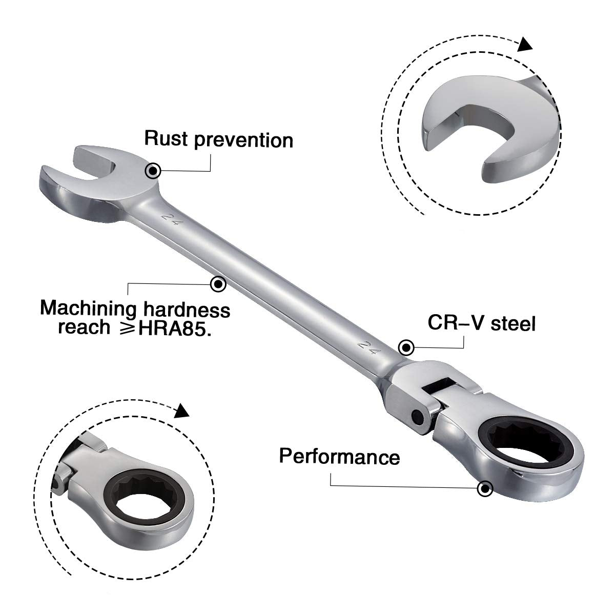KATUR 24mm Ratcheting Wrench Set Flexible Pivoting Head Ratchet Combination Spanner Wrench Chrome Vanadium Steel Metric Tool (24mm)