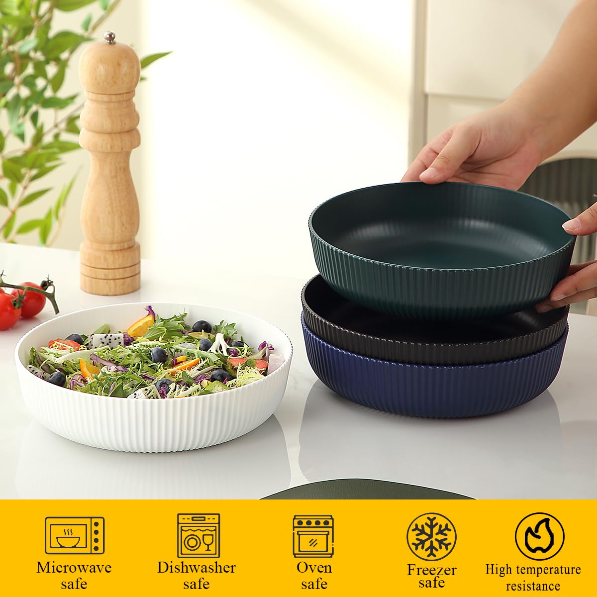 Berglander Pasta Bowls Set of 4, Salad Bowls 37oz Unbreakable Large Plastic Soup/Salad/Fruit/Serving Bowls for Home, Restaurant, Outdoor, Picnic, Camping, Serving Dishes
