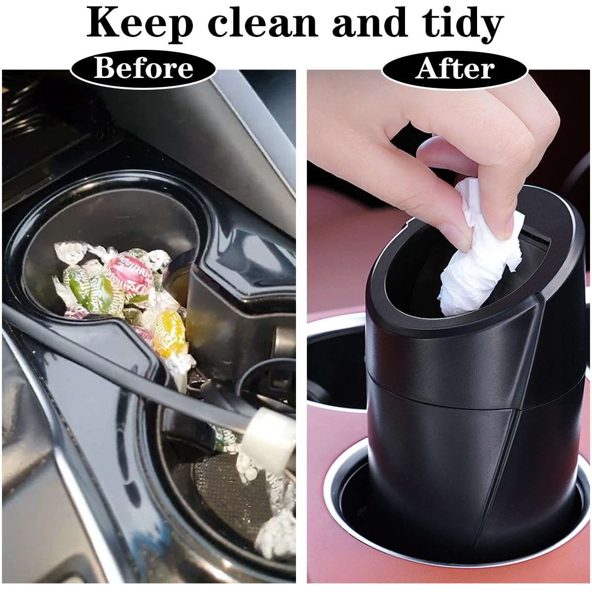 Car Trash Can Bin with Lid - 2 Packs Car Garbage Can Cup Holder - Black Mini Leakproof Vehicle Trash Garbage Can Bin with 40pcs Trash Bags-Car Organizers and Storage for Front Back Seat Accessories