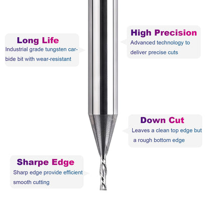 SpeTool 1/16" Cutting Diameter Downcut Spiral Router Bit with 1/4" Shank 1/4" Cutting Length 2" OVL, Solid Carbide Wood Router Bits CNC Plunge Slot Cutting