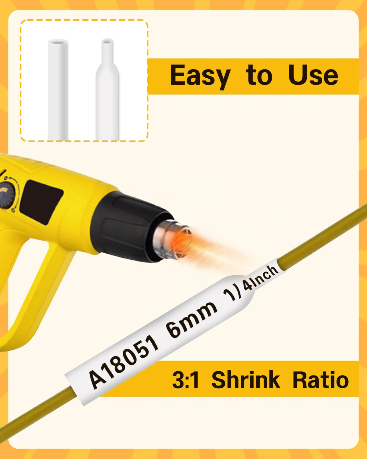 Replace Dymo Heat Shrink Labels 1/4 Inch Heat Shrink Tube Tape 18051 A18051 Rhino 5200 Refills Black on White Industrial Compatible with Rhino 4200, 5000,5200,6000,6500 Label Maker, 3-Pack