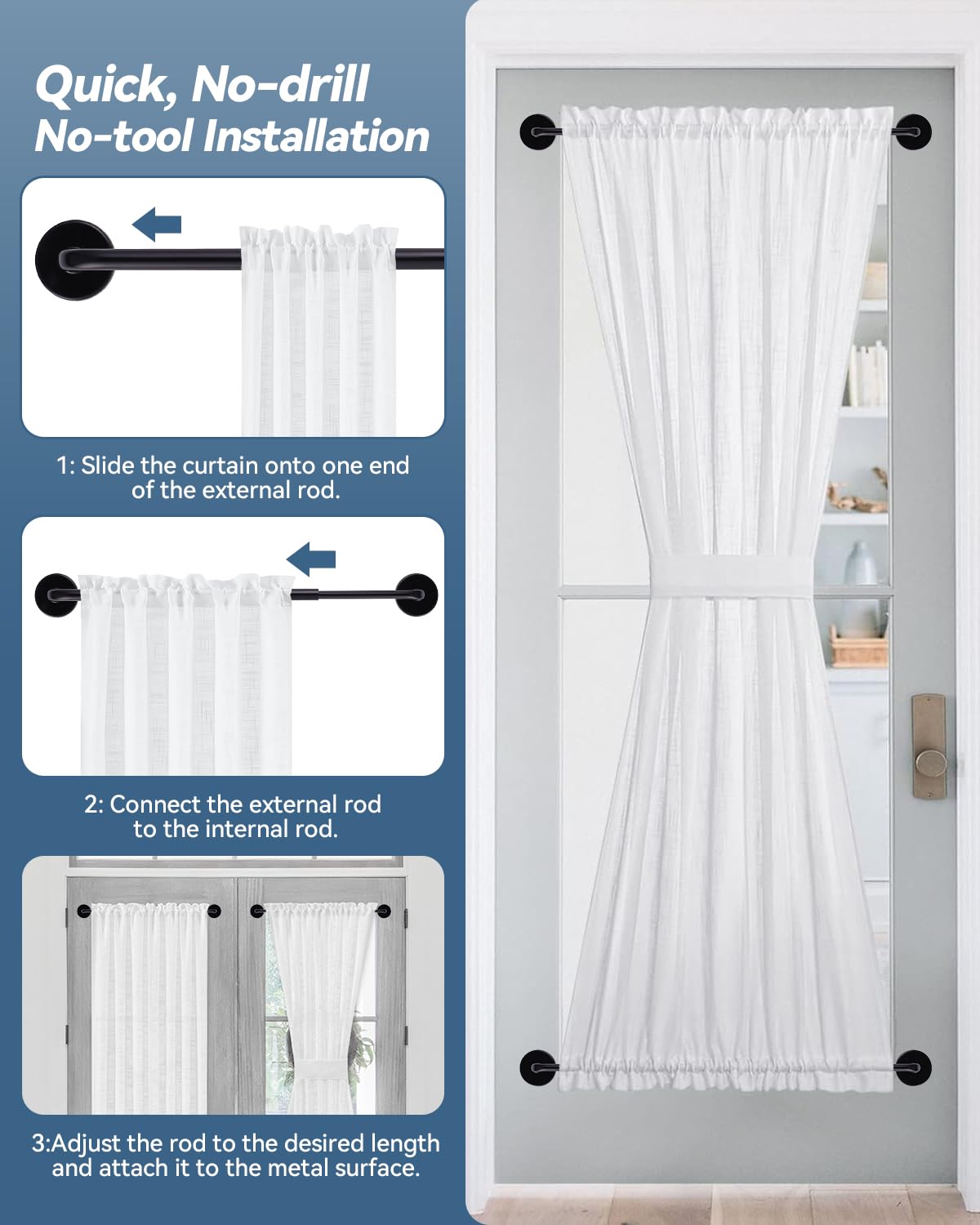 Ruiony Magnetic Curtain Rod for Metal Doors, French Door Curtain Rods Adjustable from 17 to 30 Inch, 3/8 Inch Diameter, Magnet Cafe Rod for Any Metel Surface, No Tool and Easy Install, Black, 2 Pack