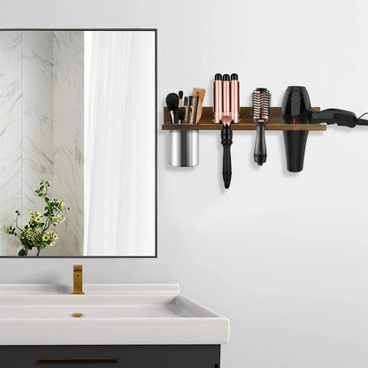 Wooden Hair Tool Organizer, Wall Mounted Styling Tools Organizer for Bathroom, Rustic Blow Dryer Holder for Flat Iron, Curling Wand, Straighteners (Rustic Brown)
