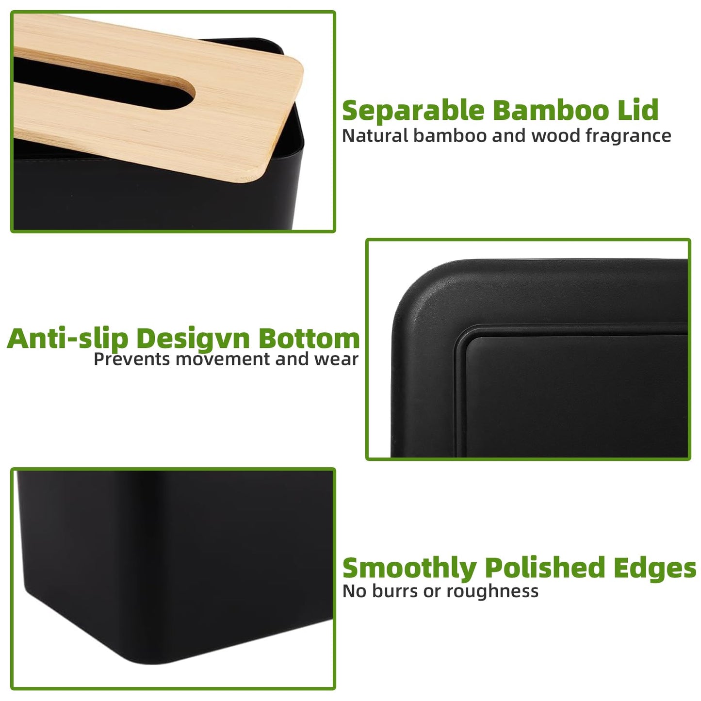 Bamboo Tissue Box Cover - 2 Pack Versatile Tissue Box Holder for Bathroom,Home,Office & Car - Space-Saving Design for Any Surface, Black