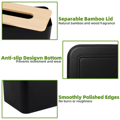 Bamboo Tissue Box Cover - 2 Pack Versatile Tissue Box Holder for Bathroom,Home,Office & Car - Space-Saving Design for Any Surface, Black
