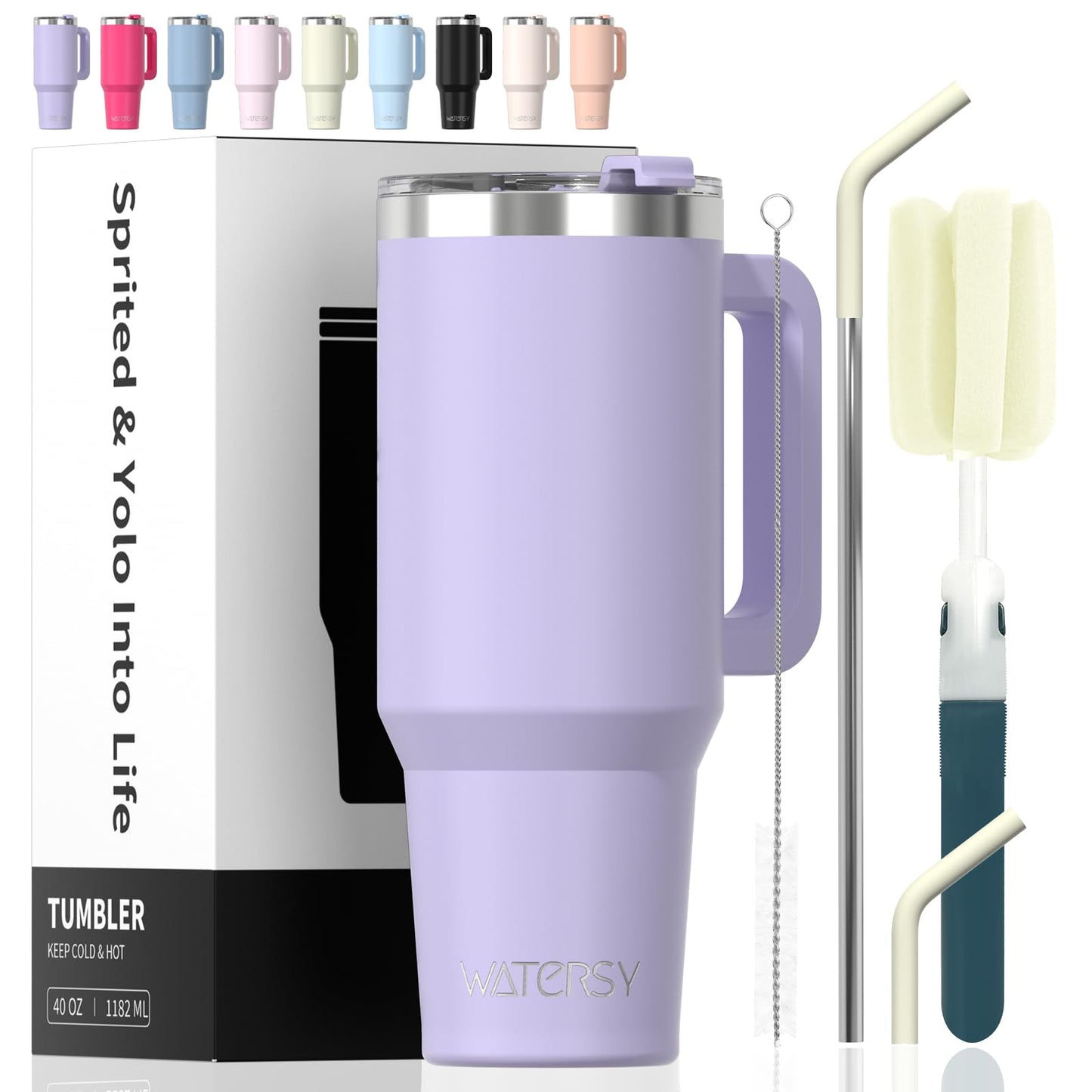 WATERSY 40 oz Tumbler with Handle,Tumbler with Lid and Straw,Double Wall Insulated Cup Stainless Steel Travel Mug(Cold for 34 Hours),Water Bottle for Iced Tea,Coffee,Cold Beverages(Purple)