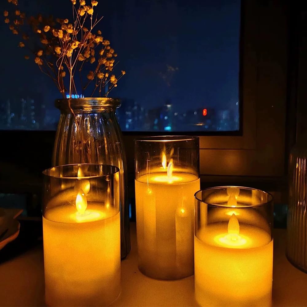 3Pack LED Flameless Flickering Candles with Remote Control and Timer,Battery Operated Electric Candles for Home Party Wedding Birthday Halloween Christmas (Grey)