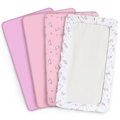 Bassinet Fitted Sheet(33" x 20"), Bassinet Sheets 4 Pack, Compatible with Most Bedside Sleeper Bassinet, Bassinet Sheets with Ultra Soft Microfiber Surface, Pink Print