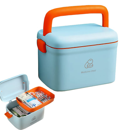 FOREVERIE Airtight Portable Small Medicine Storage Box with an Internal 2 Grid Tray, Family Essential Handled Empty Car First Aid Box, Household Emergency Box (Blue-Orange)