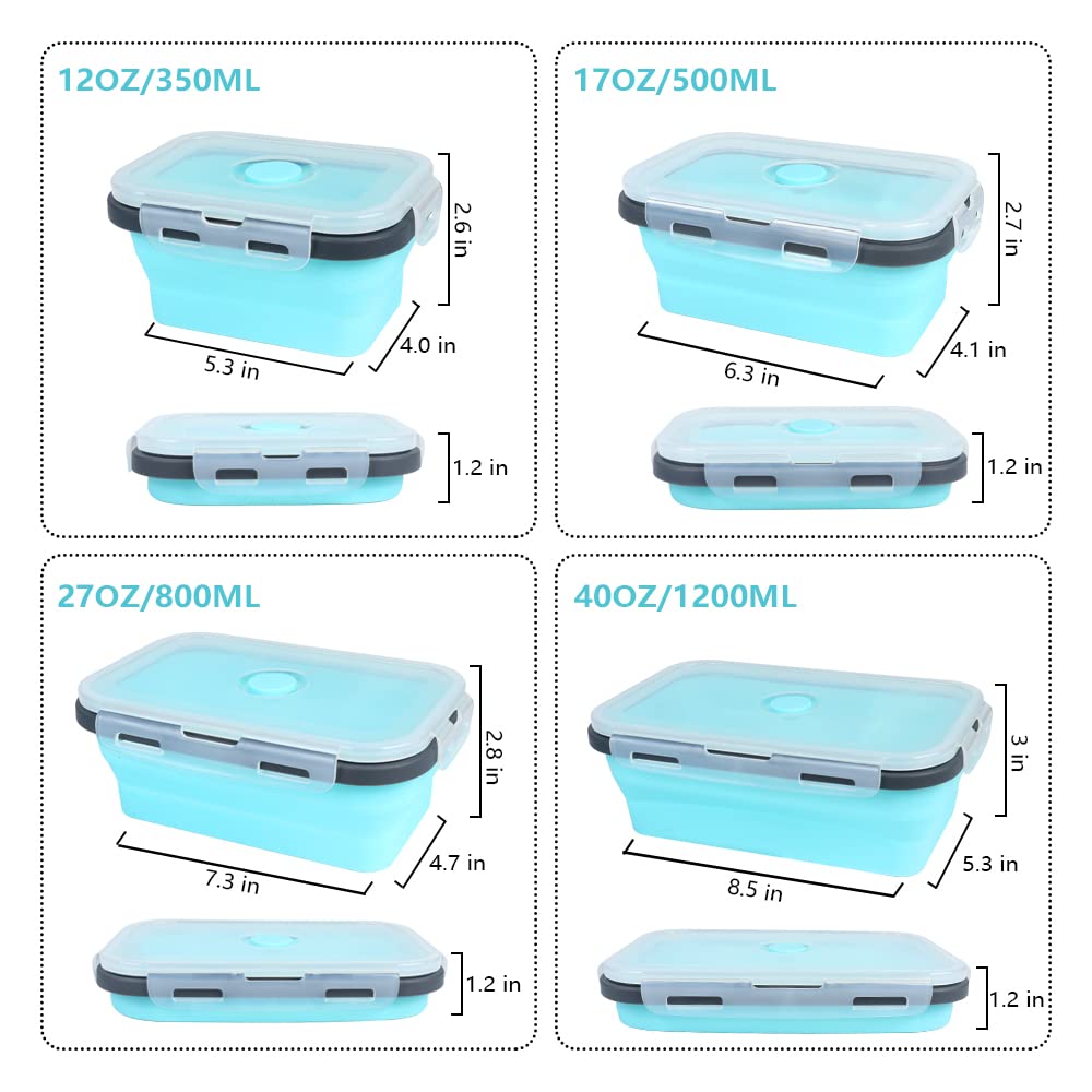 VIGIND Set of 4 Pack Collapsible Foldable Silicone Food Storage Container, Leftover Meal Box with Airtight Plastic Lids for Kitchen, Bento Lunch Boxes-Microwave, Dishwasher and Freezer Safe