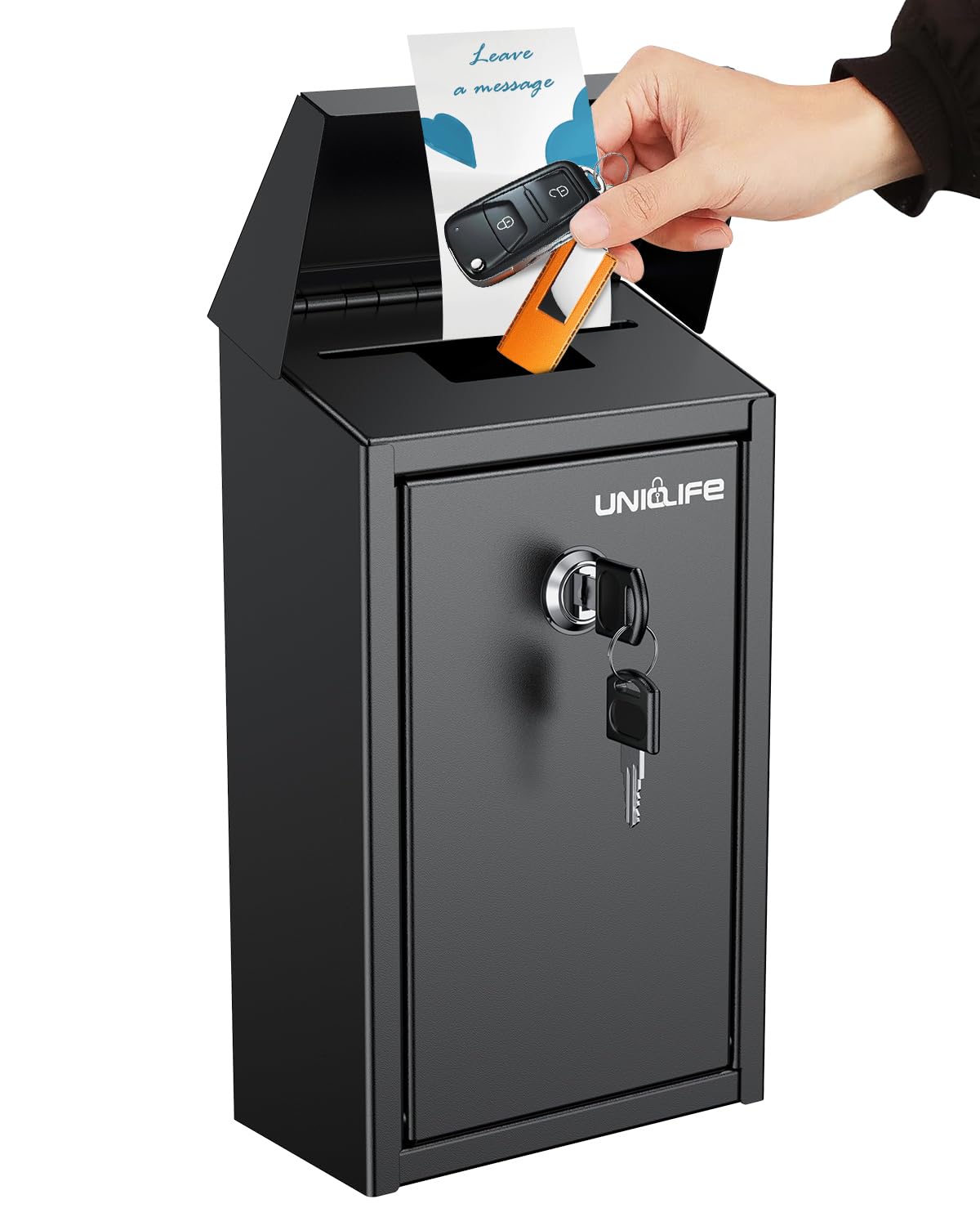 Uniclife Key Drop Box for Outside, Metal Donation Box Collection Boxes with Key Lock, Safe Suggestion Boxes, Wall Mounted Mailbox with Top Slot, Steel Cash Drop Boxes for Home Office and Business
