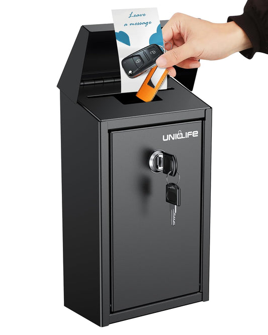 Uniclife Key Drop Box for Outside, Metal Donation Box Collection Boxes with Key Lock, Safe Suggestion Boxes, Wall Mounted Mailbox with Top Slot, Steel Cash Drop Boxes for Home Office and Business