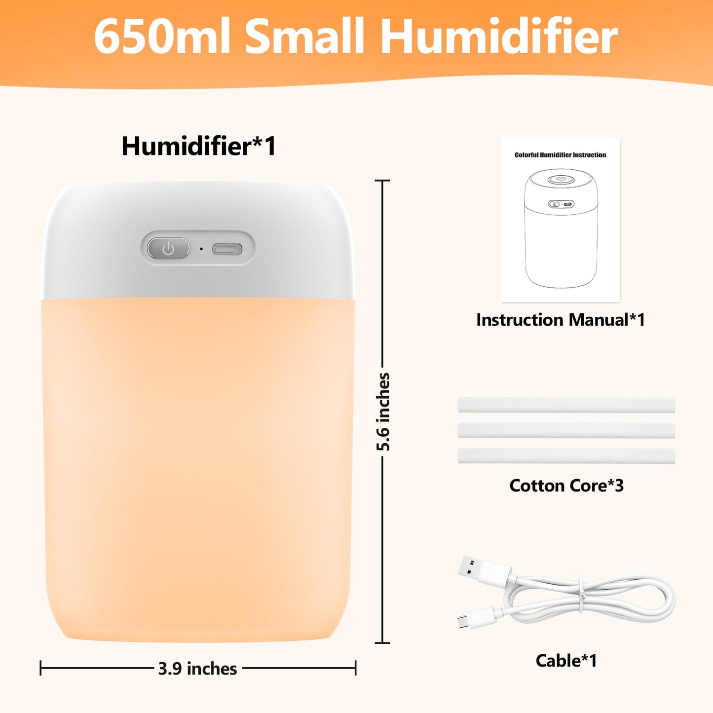 BAMCOO Small Humidifier, 650ml Colorful Mini Humidifier for Bedroom, Office, Desktop, Baby Room, Plants, Cool Mist Humidifier(White)