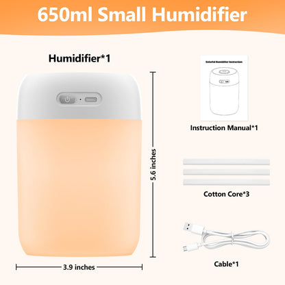BAMCOO Small Humidifier, 650ml Colorful Mini Humidifier for Bedroom, Office, Desktop, Baby Room, Plants, Cool Mist Humidifier(White)