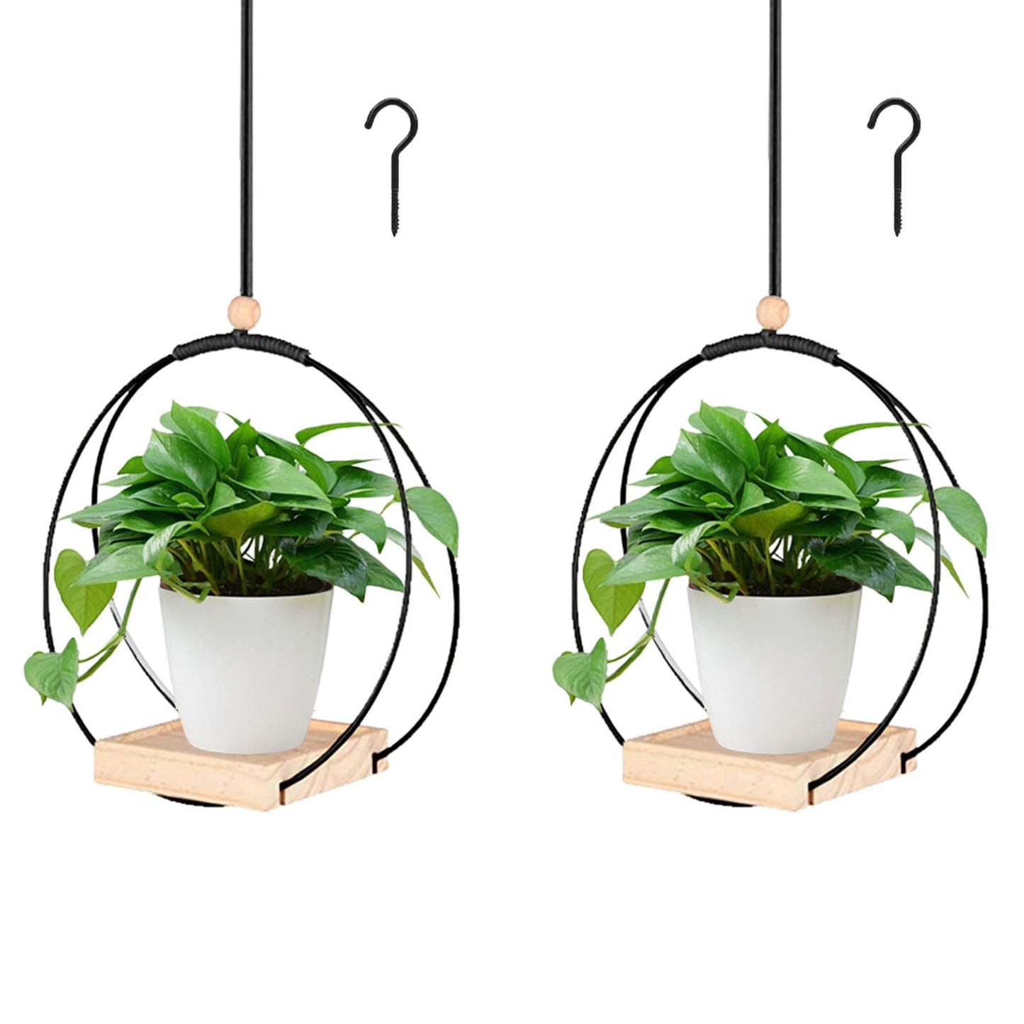 Benustra 2 Pack Hanging Planters for Indoor Plants,Hanging Plant Shelf with Wooden Base & Ceiling Hooks,Wall Ceiling Planter Display Shelf for Home Garden Patio Office Indoor Outdoor(Black)