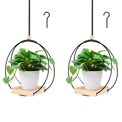Benustra 2 Pack Hanging Planters for Indoor Plants,Hanging Plant Shelf with Wooden Base & Ceiling Hooks,Wall Ceiling Planter Display Shelf for Home Garden Patio Office Indoor Outdoor(Black)