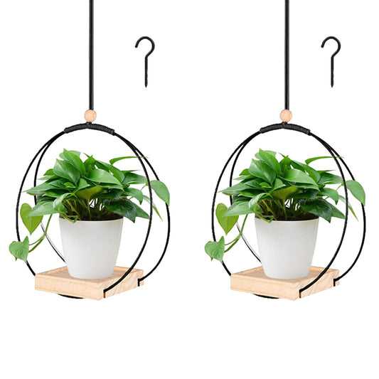 Benustra 2 Pack Hanging Planters for Indoor Plants,Hanging Plant Shelf with Wooden Base & Ceiling Hooks,Wall Ceiling Planter Display Shelf for Home Garden Patio Office Indoor Outdoor(Black)