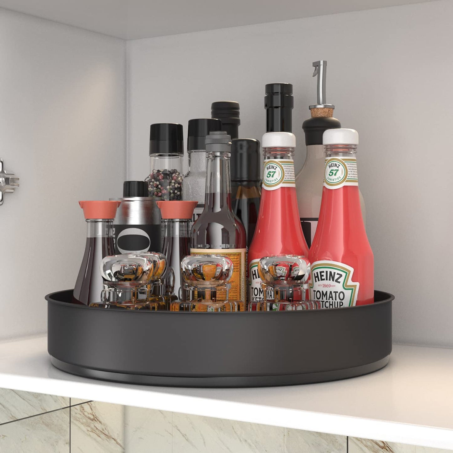 WUIVIUT Steel Lazy Susan Cabinet Organizer, Rotating Kitchen Countertop Spice Rack Organizer for Cupboard Fridge Pantry Bathroom Black