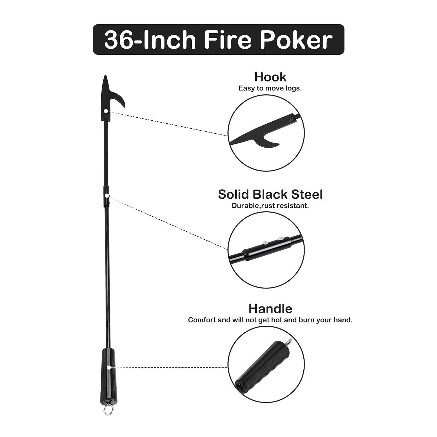 Stanbroil 36-Inch Fire Poker for Fire Pit, Camping, Wood Stove, Outdoor and Indoor Use - Heavy Duty Campfire Tool with Heat Resistant Handle - Black Steel