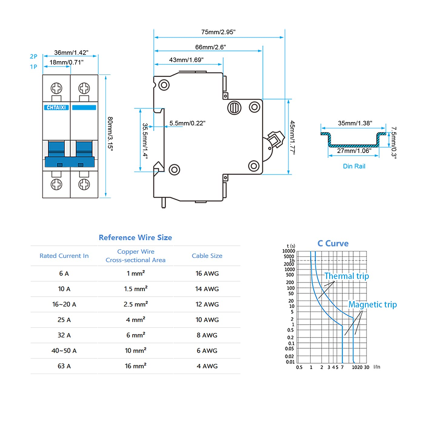 DC Miniature Circuit Breaker, 2 Poles 1000V 63 Amp Isolator for Solar PV System, Thermal Magnetic Trip, DIN Rail Mount, Chtaixi Mini Breaker C63