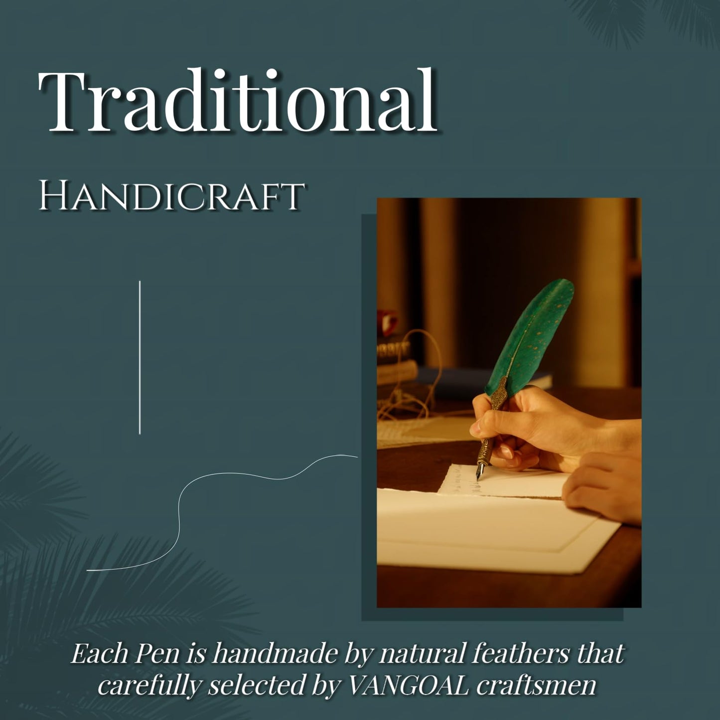 VANGOAL Vintage Carving Feather Pen Set, Glittering Quill Set Antique Calligraphy Writing Dip with Ink, 2 Replacement Nibs, Stand Base, Luxury Signature (Blue)
