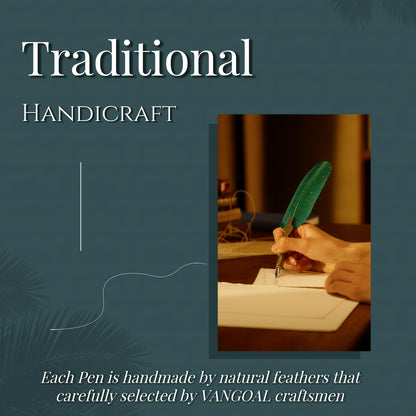 VANGOAL Vintage Carving Feather Pen Set, Glittering Quill Set Antique Calligraphy Writing Dip with Ink, 2 Replacement Nibs, Stand Base, Luxury Signature (Blue)