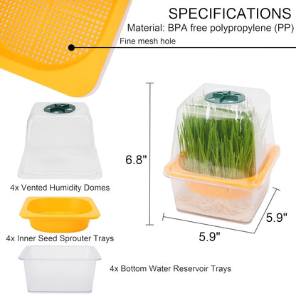 6 Pcs Microgreen Growing Tray with Lid, Sprouting Tray with Humidity Dome, Reusable BPA Free Seed Sprouter Kit for Growing Broccoli, Bean Sprouts, Cat Grass, Wheat Grass & More- Clear Base