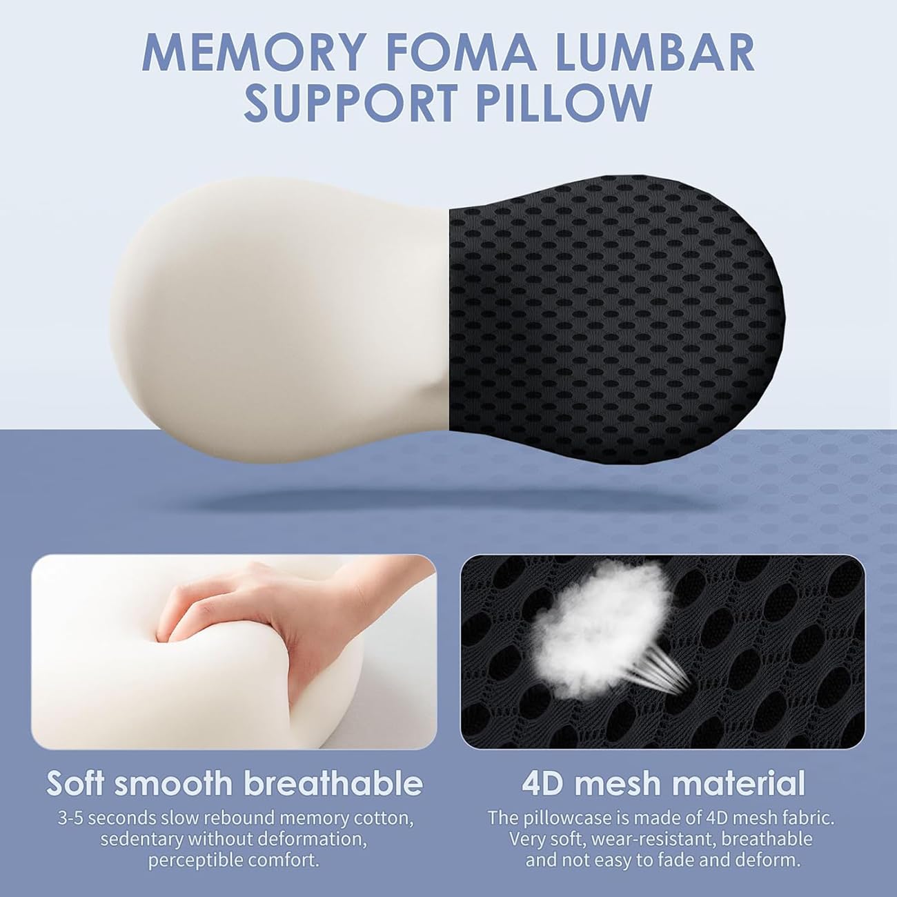 Lumbar Support Pillow for Lower Back Pain Relief – Ergonomic Streamline Memory Foam Cushion for Office Chair, Car Seat, Bed, and Sleeping – Ideal for Drivers and Office Workers (Black)